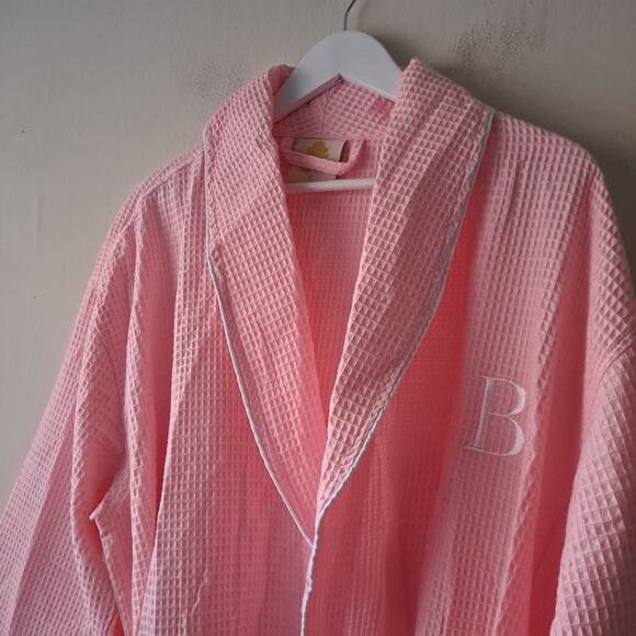 Lotus Linen Waffle Piping Robe Cotton Blend Long Spa Bathrobe Pink Women Size XL - Picture 6 of 11